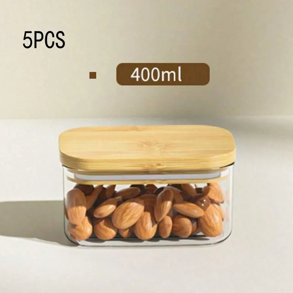 Rectangle Clear Storage Jars with Bamboo Lids Multi-Food Pantry Organizer Containers - Lovies Kitchenwares