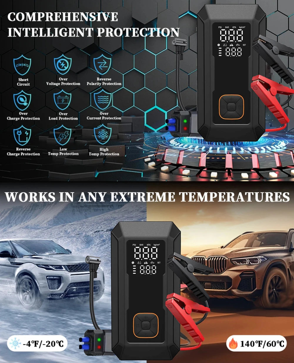 Car Jump Starter with Air Pump 4000A Jump Starter & 150PSI Air Compressor, Portable Auto Power Bank ,Tire Inflator, LED Light