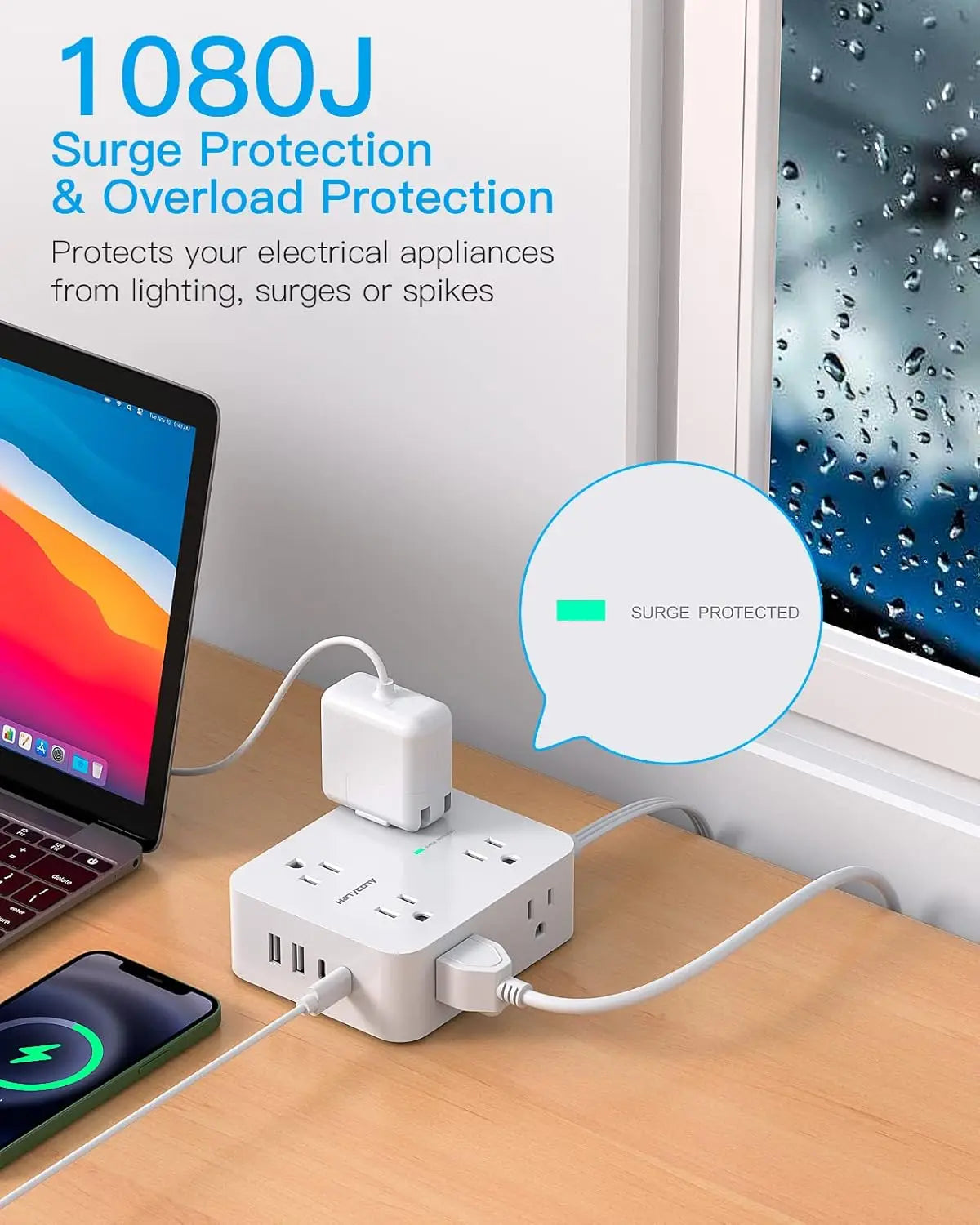 Surge Protector Power Strip with 8 Outlets and 4 USB Ports, Ultra Thin Flat Plug for Multiple Rooms