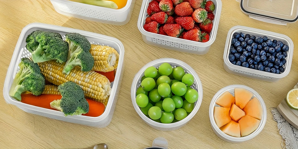 9Pcs/set Fruit and Vegetable Storage Containers for Fridge with Removable Colander, All-In-One Fruit Washing Bowl with Strainer - Lovies Kitchenwares
