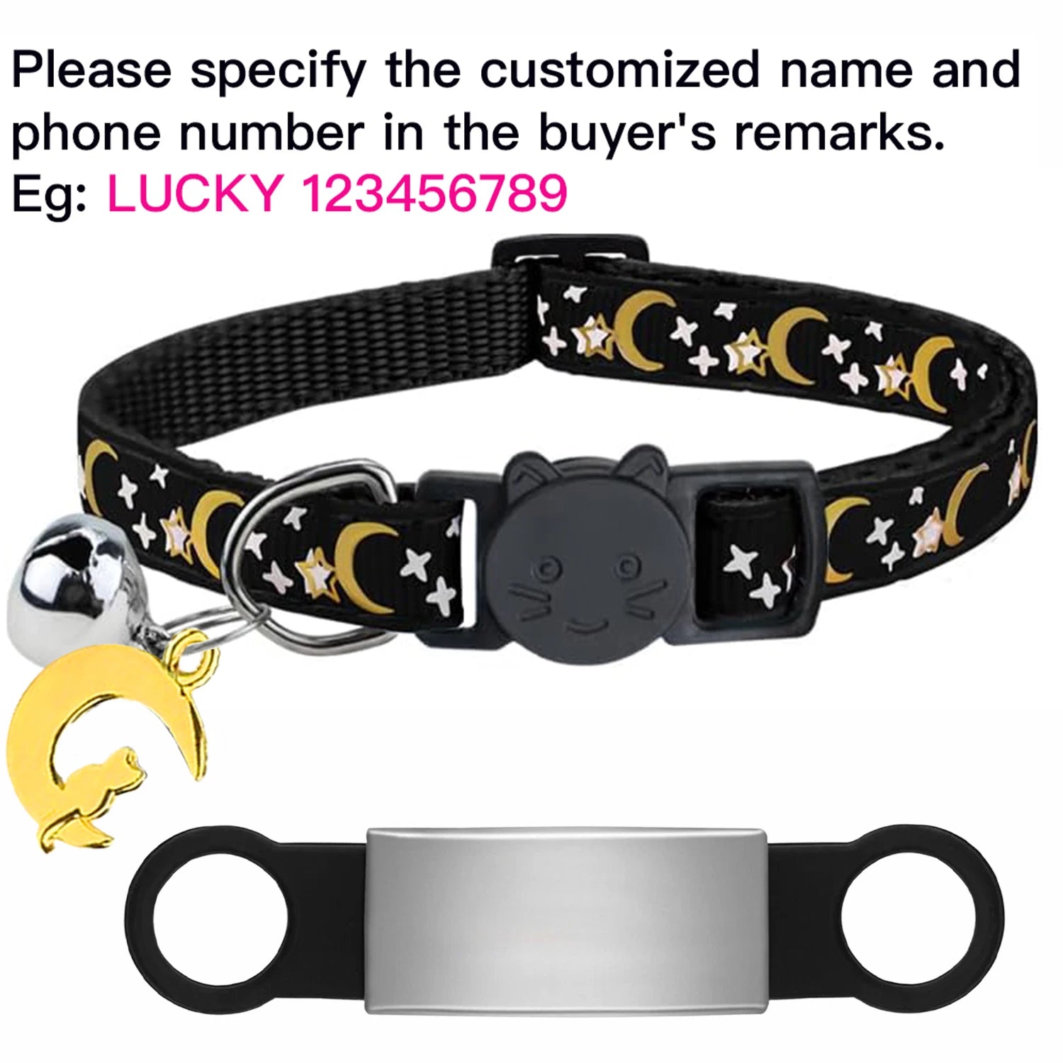 Customized Cute Glow Bell & Moon Ornament Cat Collar With Free Engraved Anti-lost Pet ID