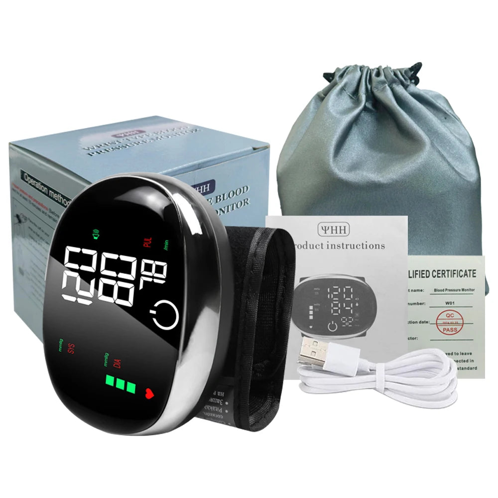 Digital Wrist Blood Pressure Meter Automatic Voice Tonometer Heart Rate Monitor Smart Touch LCD Screen Charge Sphygmomanometer