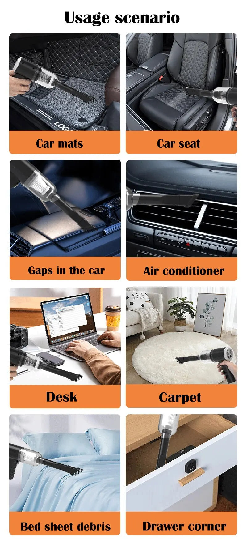 9000Pa Wireless Car & Home Vacuum Cleaner USB Charging 1200mAh Portable