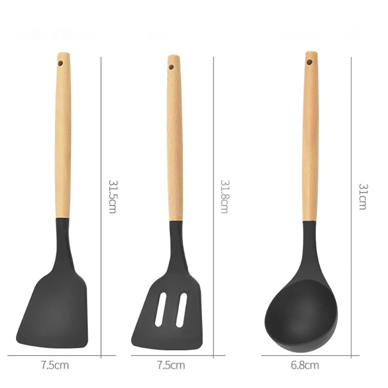 12PCS Silicon Non-Stick Cookware Kitchenware Utensil Set with Wooden Handles