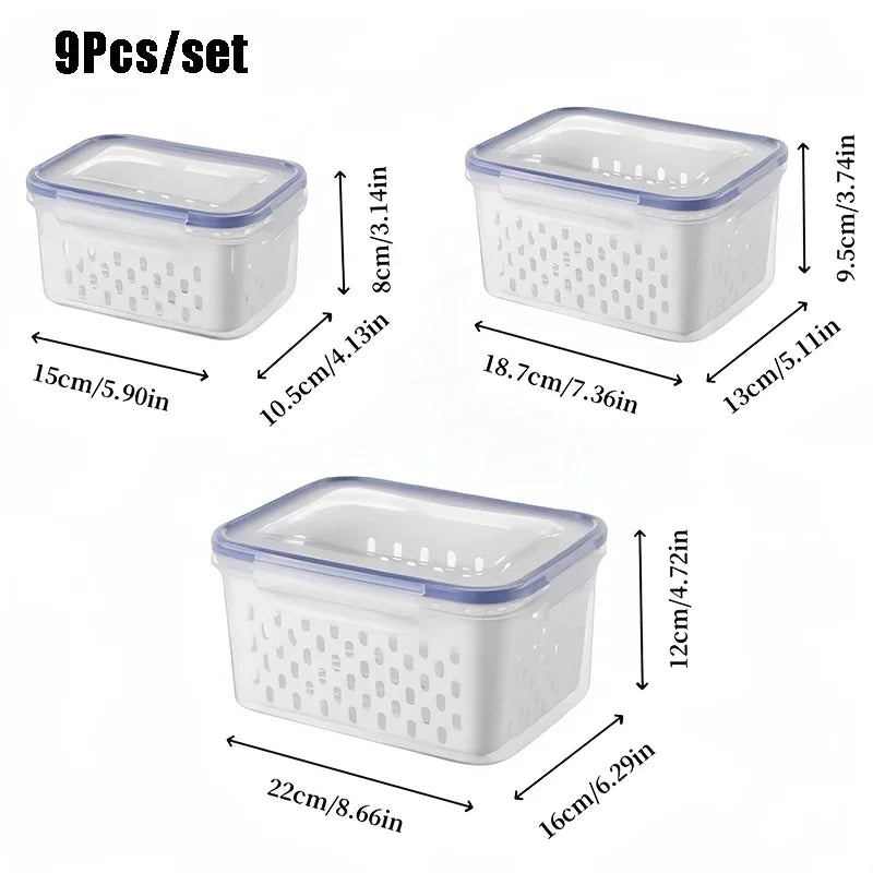 9Pcs/set Fruit and Vegetable Storage Containers for Fridge with Removable Colander, All-In-One Fruit Washing Bowl with Strainer - Lovies Kitchenwares