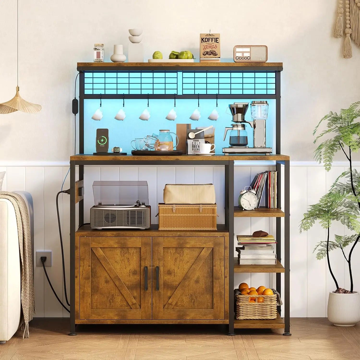 Bakers Rack with Power Outlet and LED Light, Microwave Stand with Storage Cabinet, Coffee Bar Cabinet Station, Customized