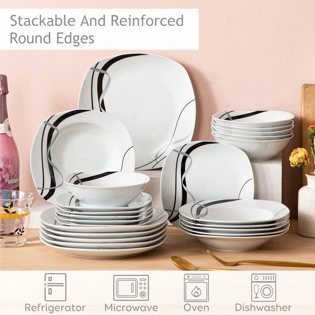 18/36-Piece Porcelain Ceramic Black Line Kitchen Tableware Dish Set with Dinner, Dessert, and Soup Bowl