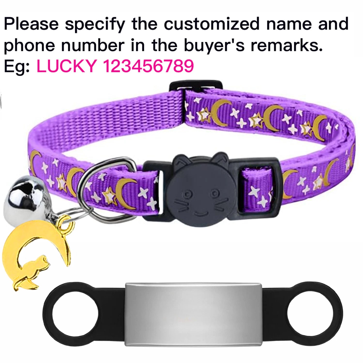 Customized Cute Glow Bell & Moon Ornament Cat Collar With Free Engraved Anti-lost Pet ID