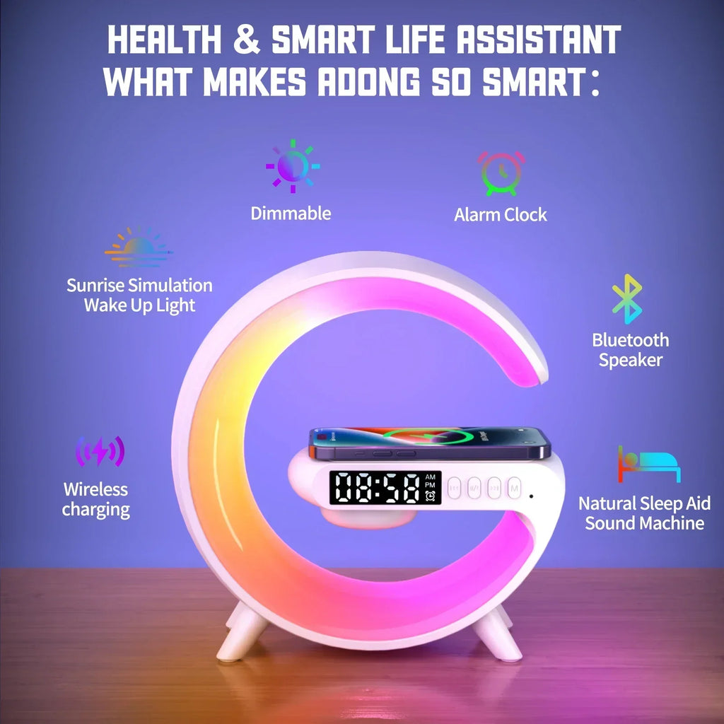 Multifunction Mini Wireless Charger Stand & Docking Station  Red, Green, & Blue Light Alarm Clock Speaker