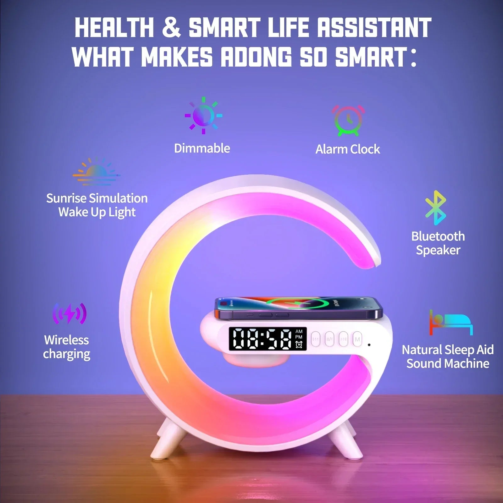 Multifunction Mini Wireless Charger Stand & Docking Station  Red, Green, & Blue Light Alarm Clock Speaker