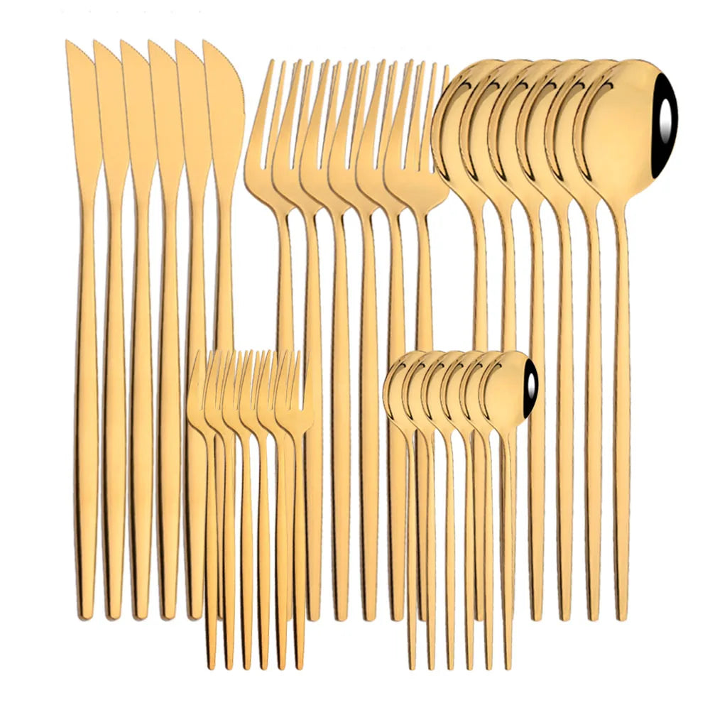 30Pcs Stainless Steel Dinner Black Gold Tableware Set