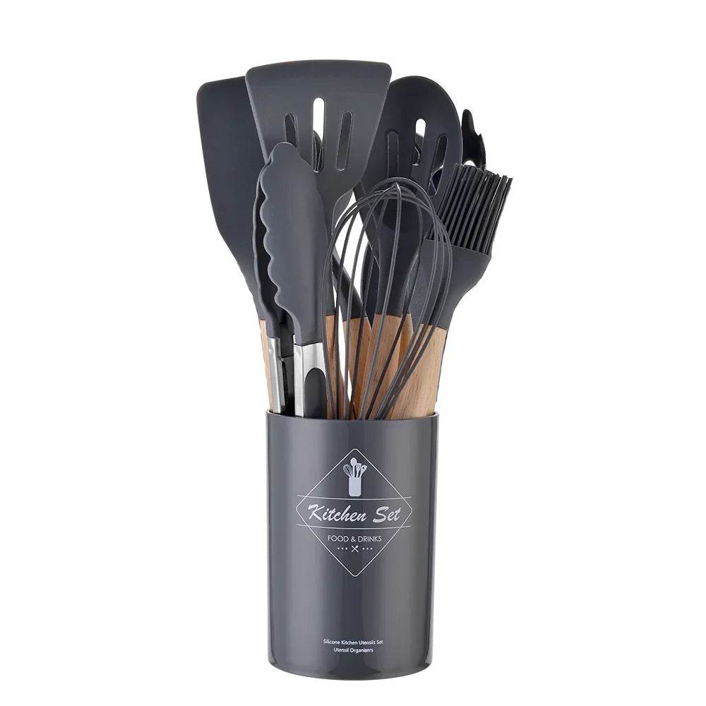 12PCS Silicon Non-Stick Cookware Kitchenware Utensil Set with Wooden Handles