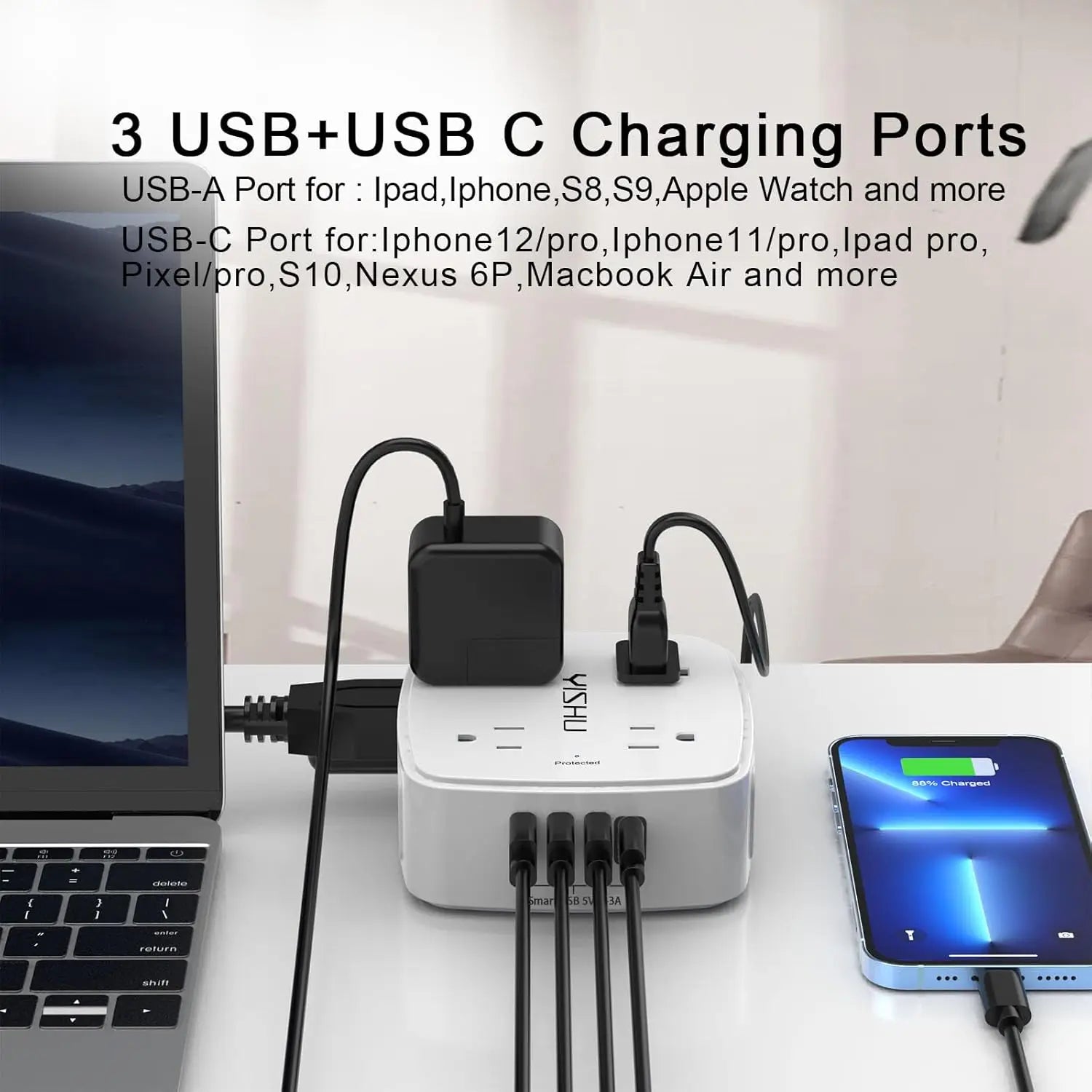 8 Outlet Surge Protector with 4 USB Ports, 6ft Cord, Flat Plug, Wall Mount, 3-Side Design, ETL