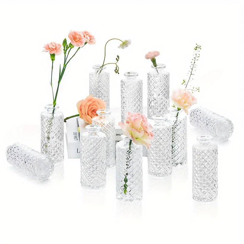 Small Diamond Bud Mini Flower Centerpiece Decorative Glass Vase Set Of 12
