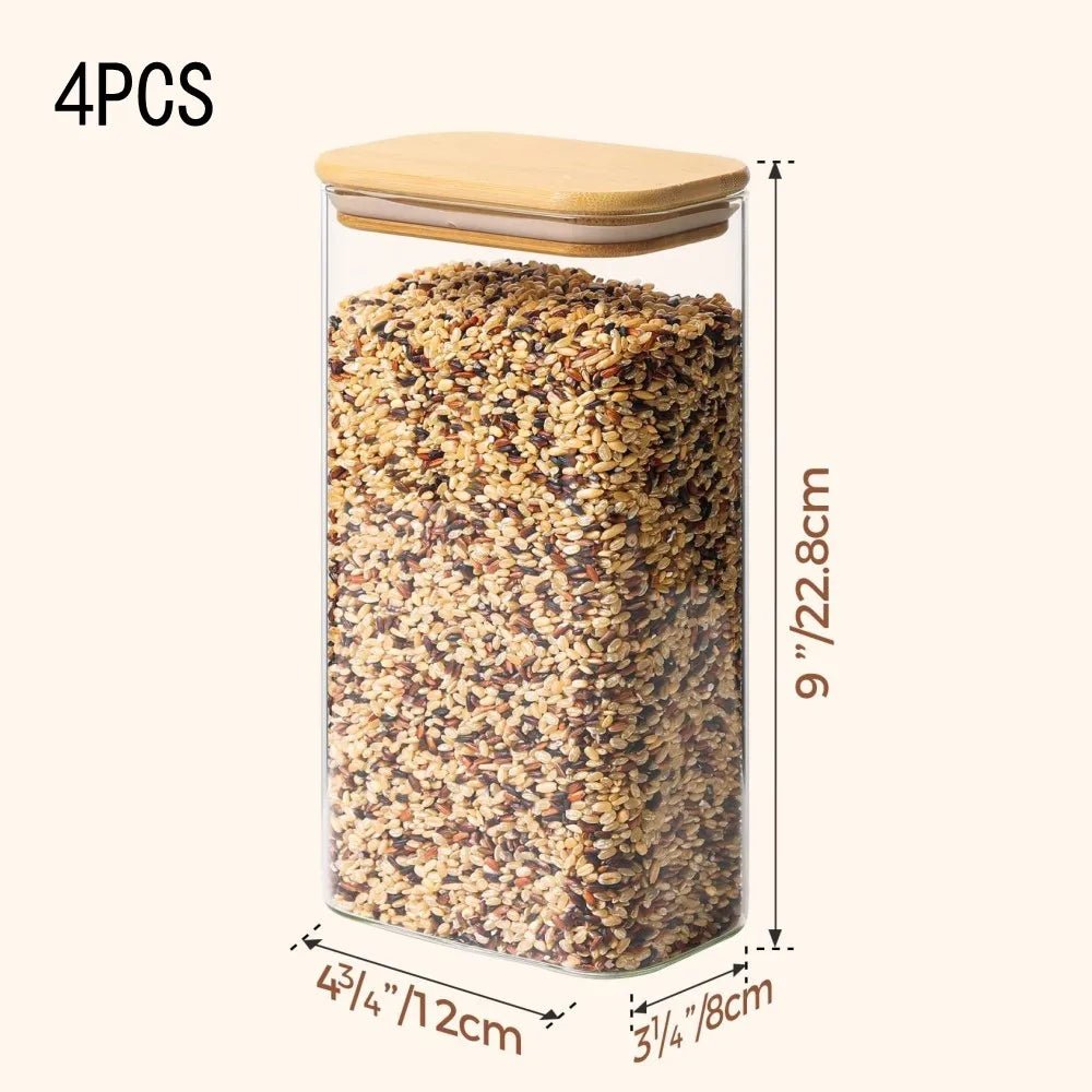Rectangle Clear Storage Jars with Bamboo Lids Multi-Food Pantry Organizer Containers - Lovies Kitchenwares