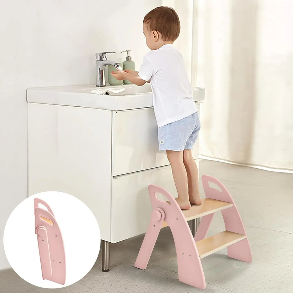 Sturdy Foldable Pink Anti-Slip 2-Step Wooden Stool for Kids or Adults
