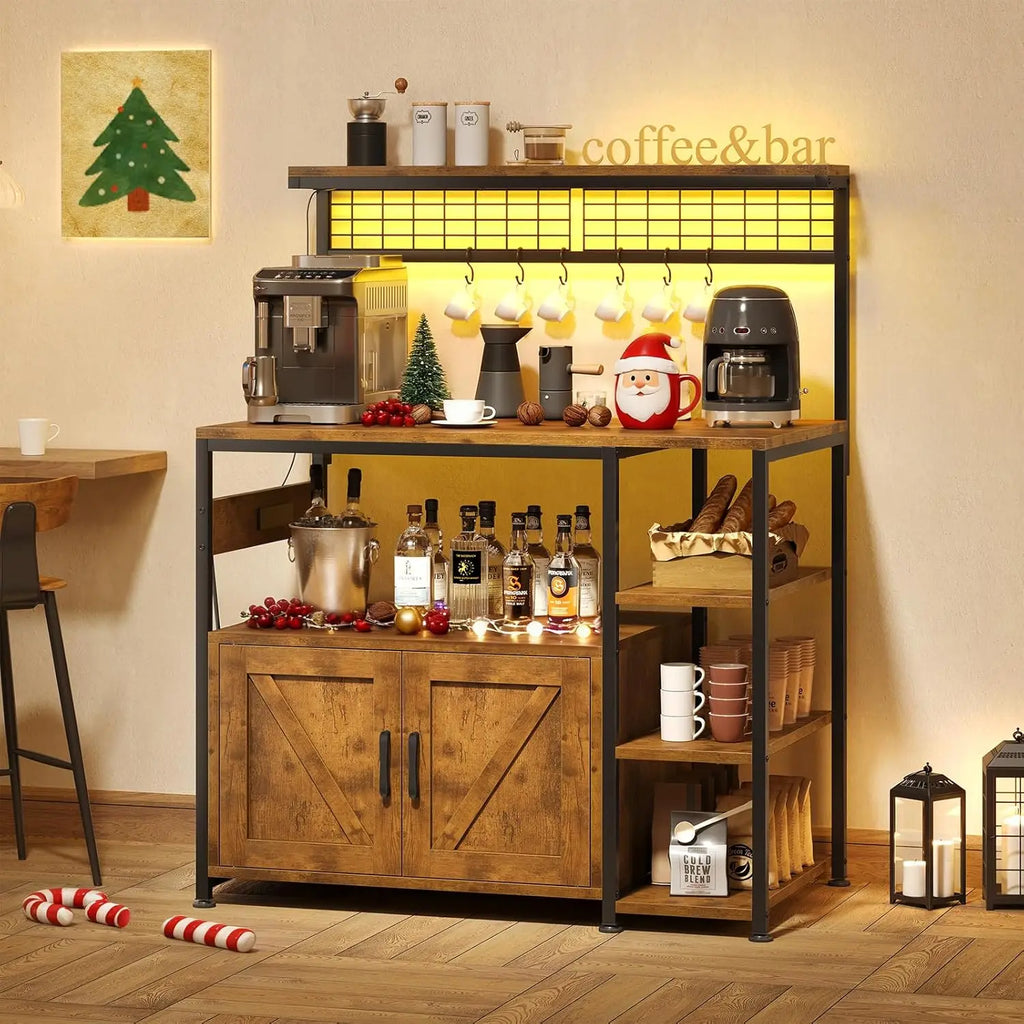 Bakers Rack with Power Outlet and LED Light, Microwave Stand with Storage Cabinet, Coffee Bar Cabinet Station, Customized