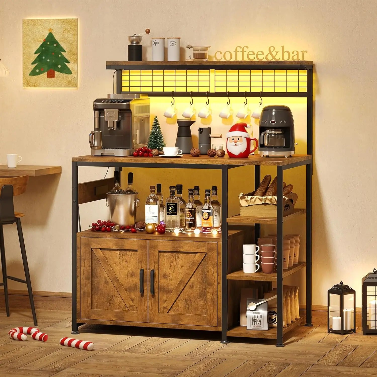 Bakers Rack with Power Outlet and LED Light, Microwave Stand with Storage Cabinet, Coffee Bar Cabinet Station, Customized