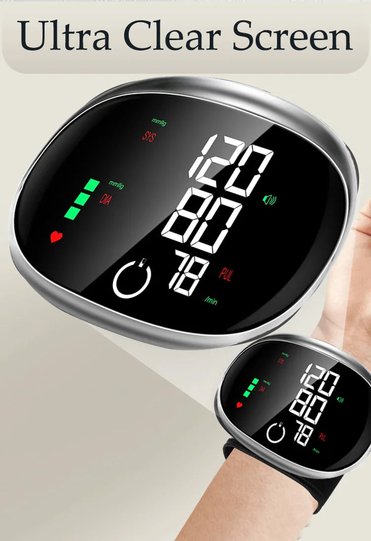 Digital Wrist Blood Pressure Meter Automatic Voice Tonometer Heart Rate Monitor Smart Touch LCD Screen Charge Sphygmomanometer