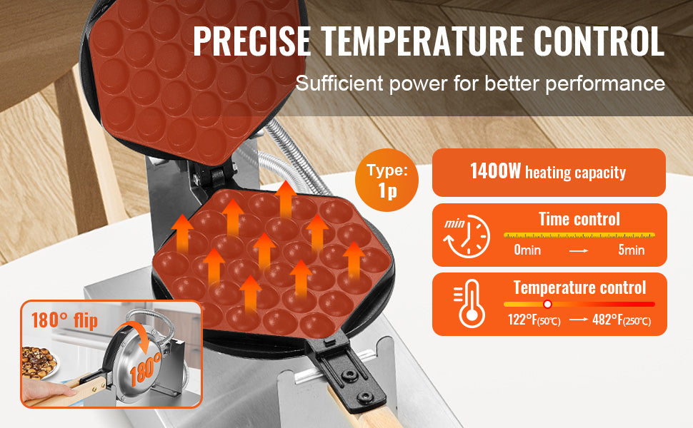 Commercial Egg Bubble Waffle Maker 1400W Non-Stick Stainless Steel w/180° Rotatable 2 Pans & Wooden Handles