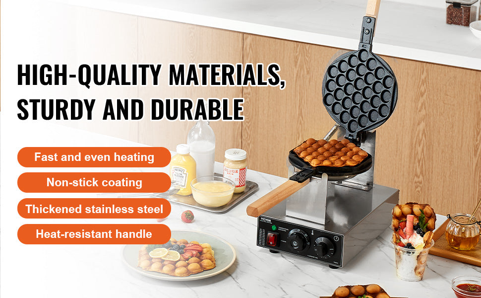 Commercial Egg Bubble Waffle Maker 1400W Non-Stick Stainless Steel w/180° Rotatable 2 Pans & Wooden Handles