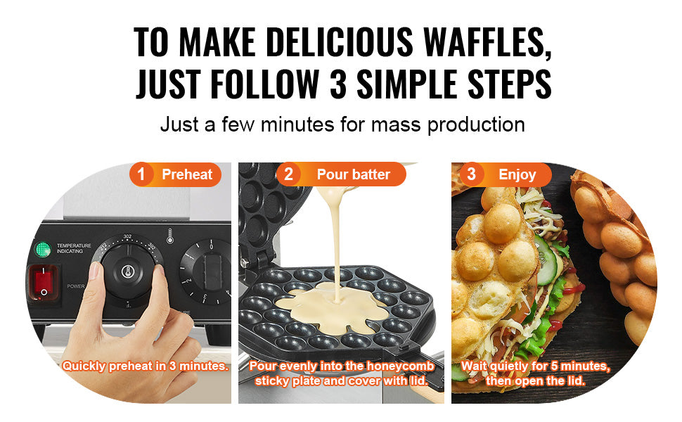 Commercial Egg Bubble Waffle Maker 1400W Non-Stick Stainless Steel w/180° Rotatable 2 Pans & Wooden Handles